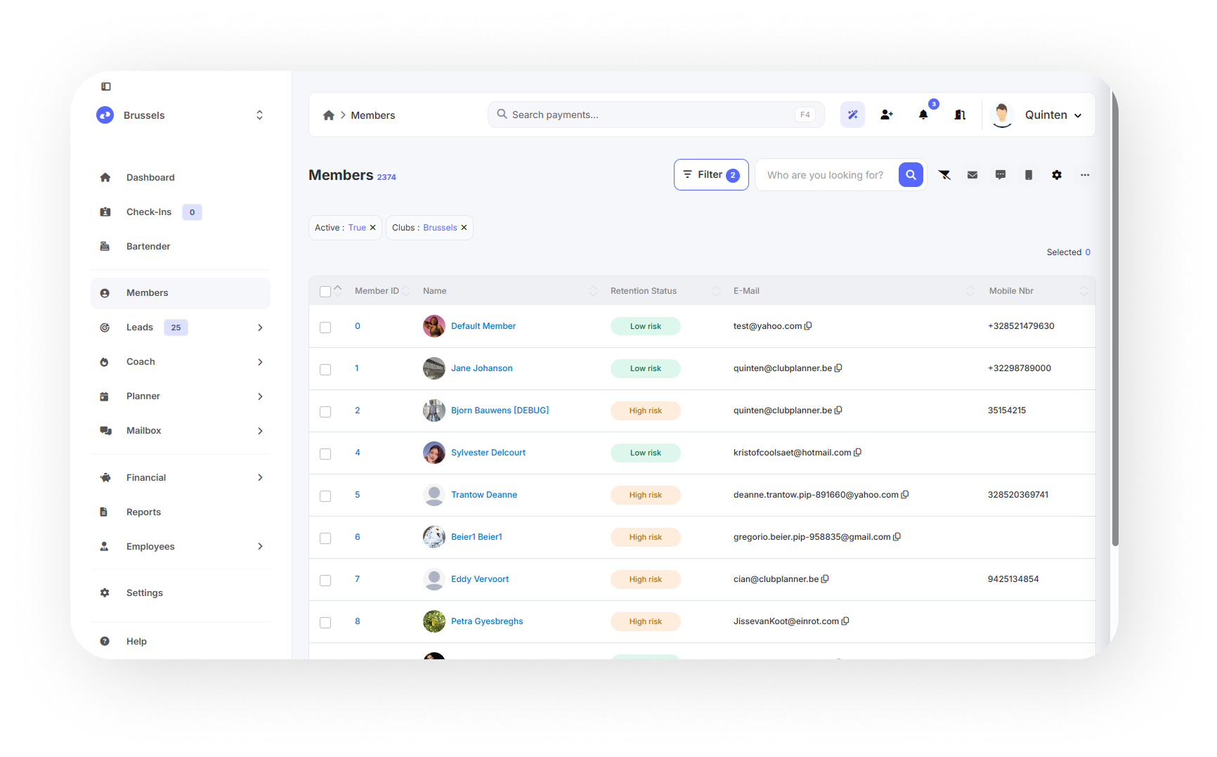 De ledenlijst met retentiestatus, contactgegevens en filters